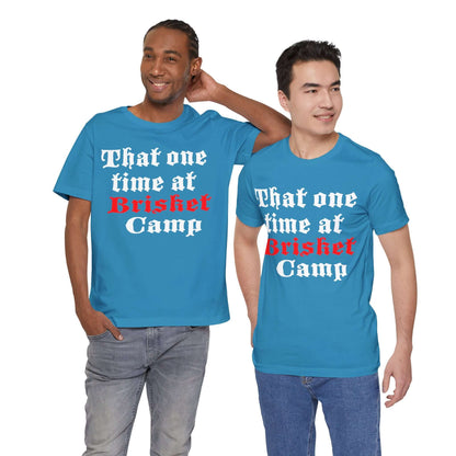 BBQ camp graphic T-shirt in aqua blue with red and white front text print.