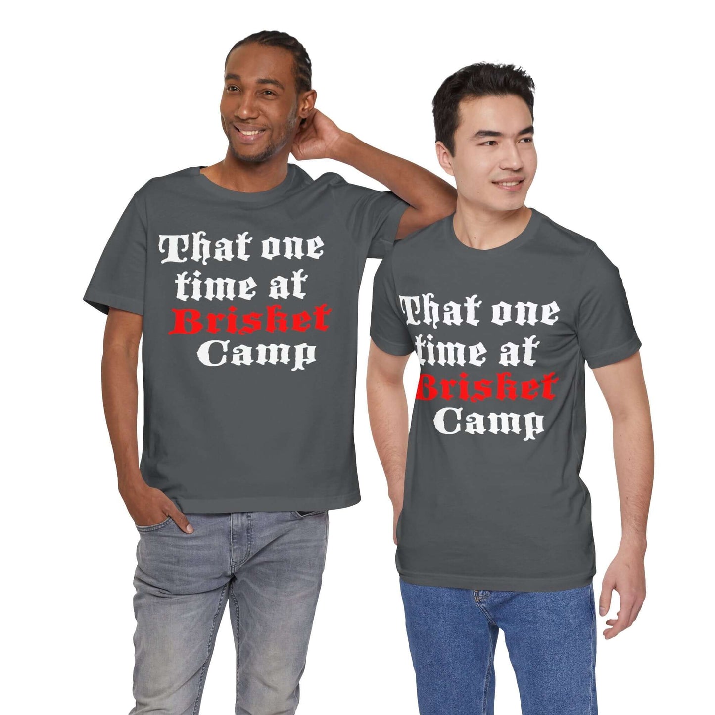 BBQ camp graphic T-shirt in dark grey with red and white front text print.