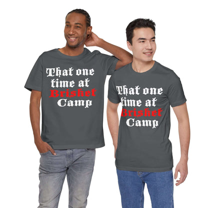 BBQ camp graphic T-shirt in dark grey with red and white front text print.