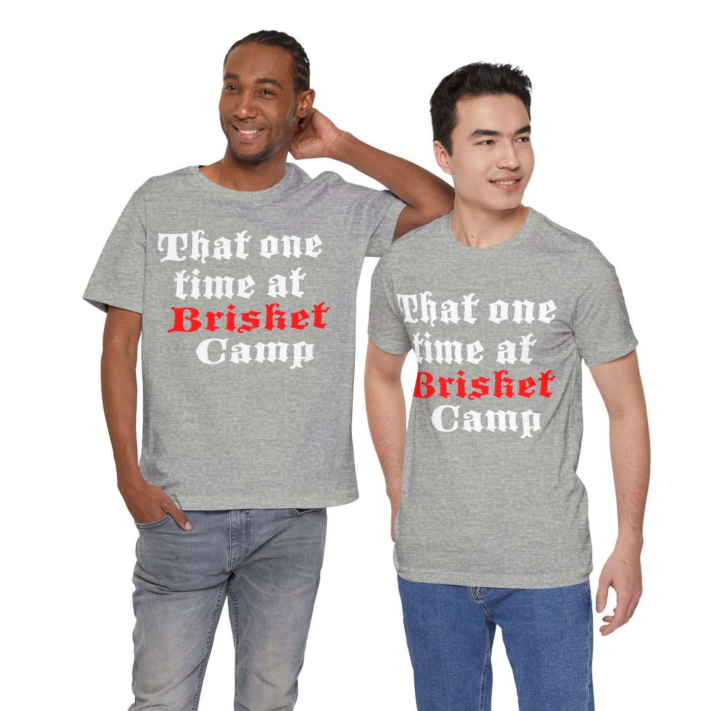 BBQ camp graphic T-shirt in heather grey with red and white front text print.