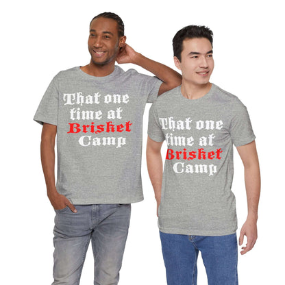 BBQ camp graphic T-shirt in heather grey with red and white front text print.