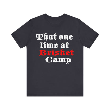 Navy BBQ camp t-shirt with centered 'That one time at Brisket Camp' graphic.