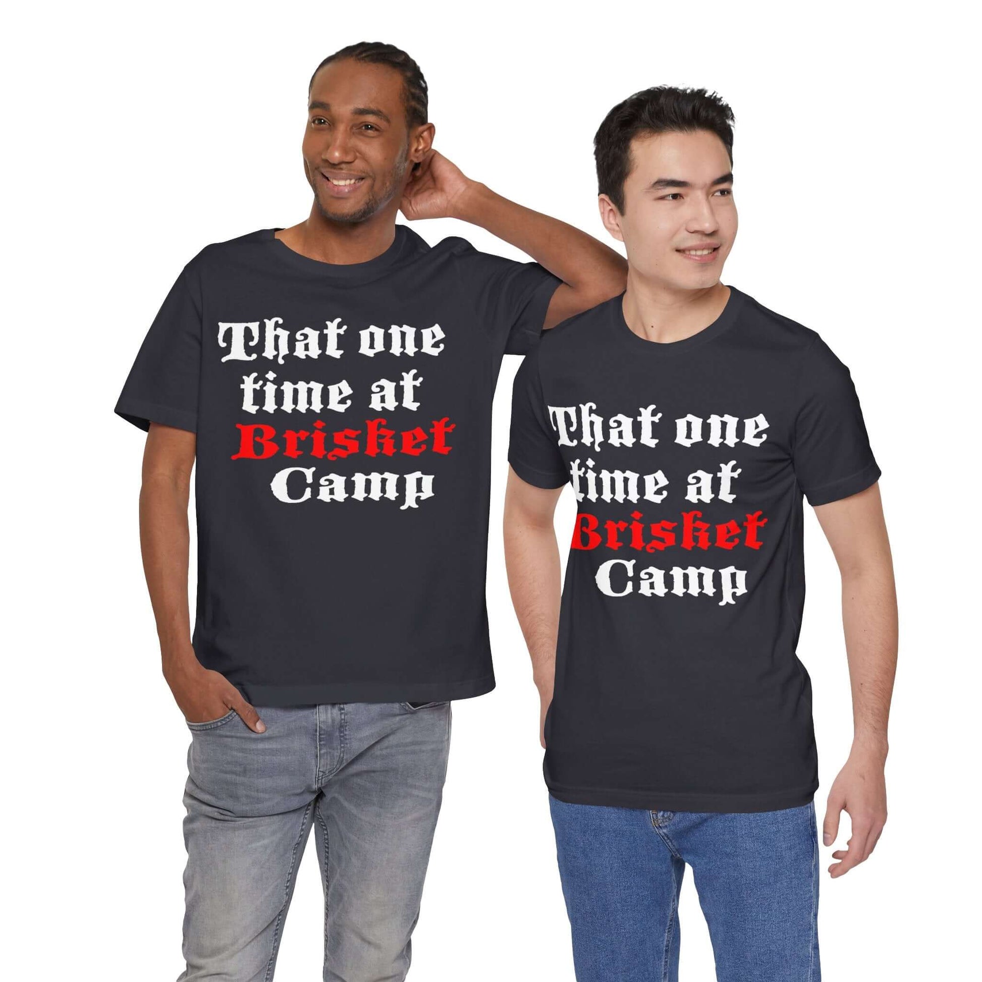 BBQ camp graphic T-shirt in navy blue with red and white front text print.