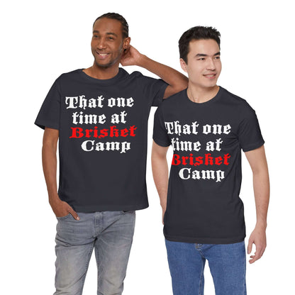 BBQ camp graphic T-shirt in navy blue with red and white front text print.