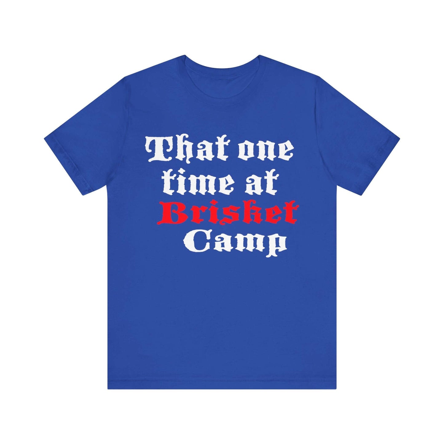 Blue T-shirt with front BBQ camp lettering graphic in white, red, and black
