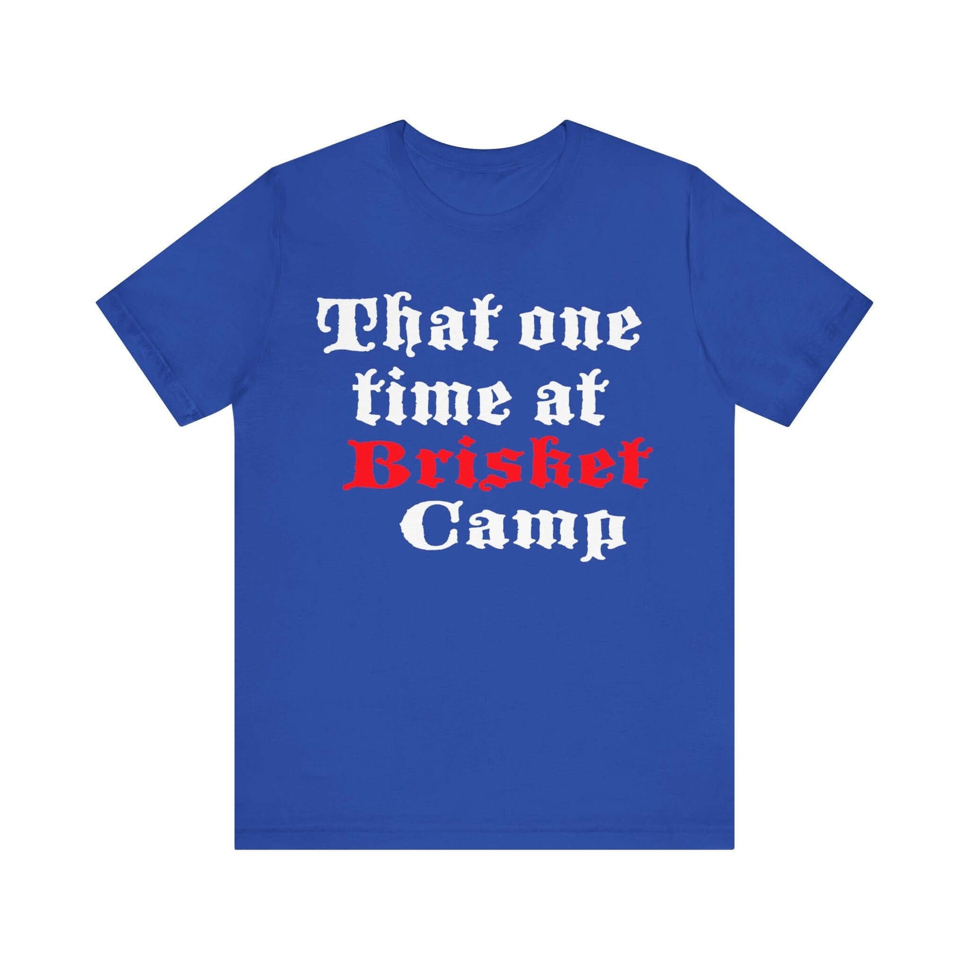 Blue T-shirt with front BBQ camp lettering graphic in white, red, and black