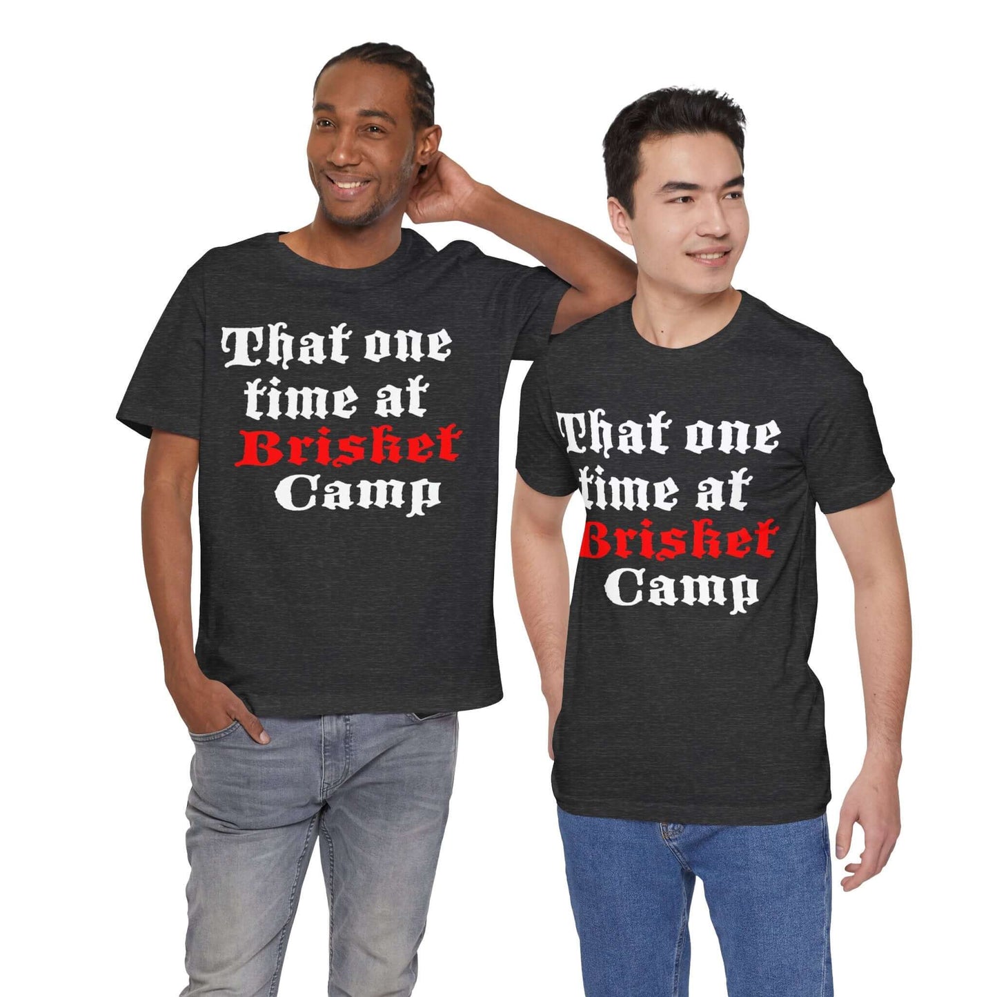 BBQ camp graphic T-shirt in charcoal grey with red and white front text print.