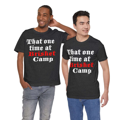 BBQ camp graphic T-shirt in charcoal grey with red and white front text print.