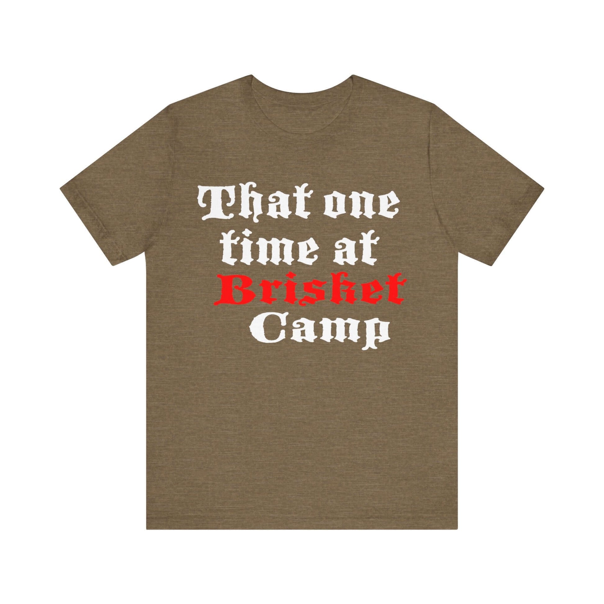 Olive T-shirt with front BBQ camp lettering graphic in white and red