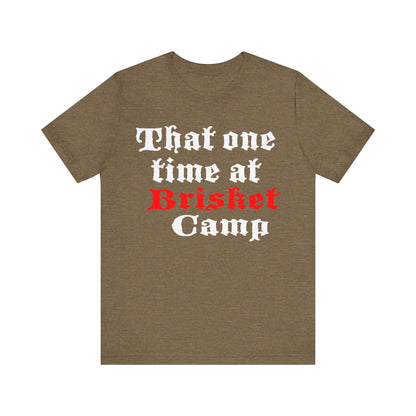 Olive T-shirt with front BBQ camp lettering graphic in white and red