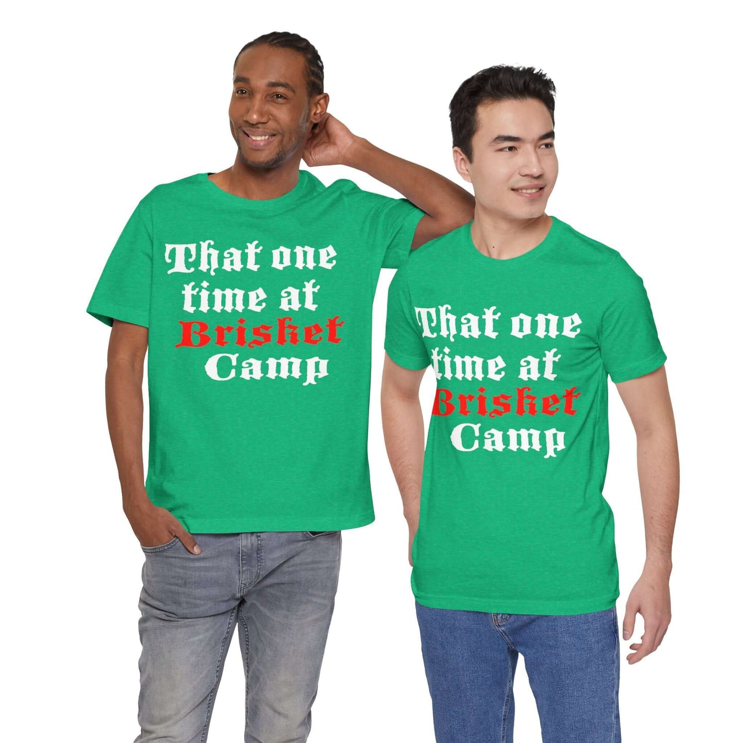 BBQ camp graphic T-shirt in green with red and white front text print.