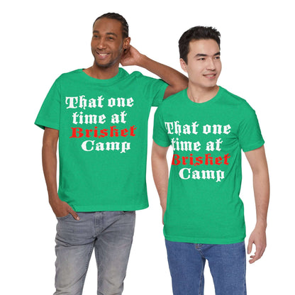 BBQ camp graphic T-shirt in green with red and white front text print.