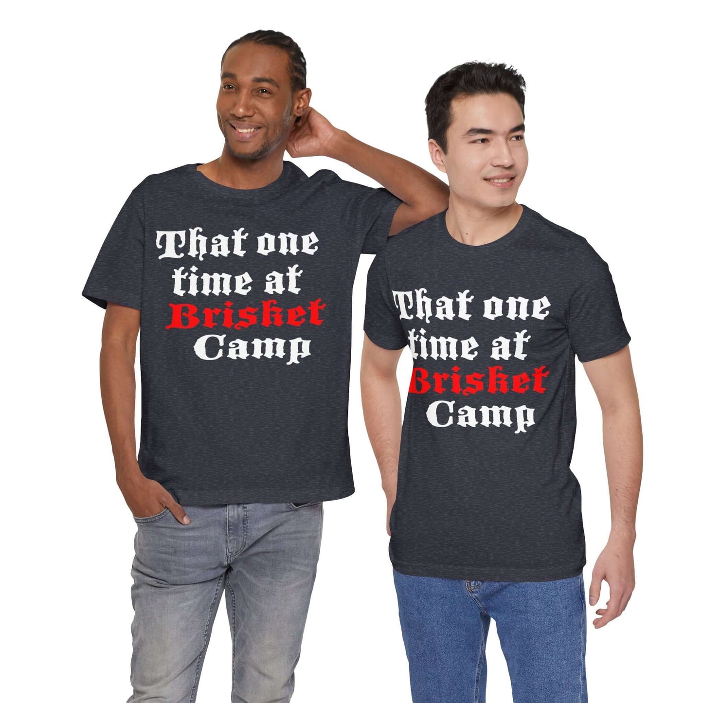 BBQ camp graphic T-shirt in dark blue-grey with red and white front text print.