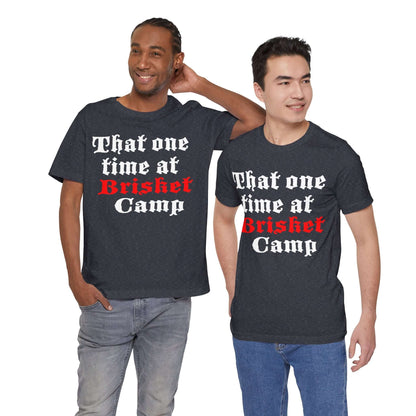 BBQ camp graphic T-shirt in dark blue-grey with red and white front text print.