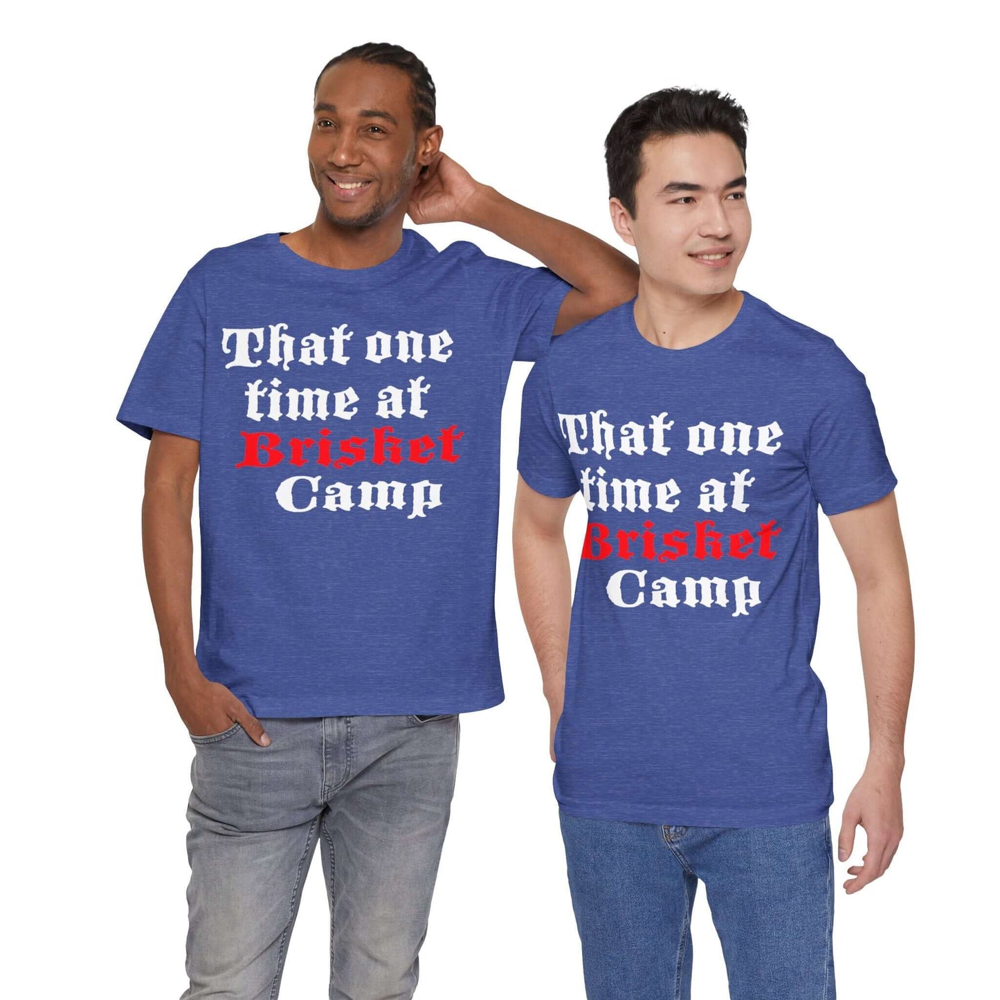 BBQ camp graphic T-shirt in royal blue with red and white front text print.