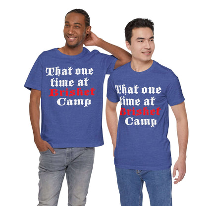 BBQ camp graphic T-shirt in royal blue with red and white front text print.