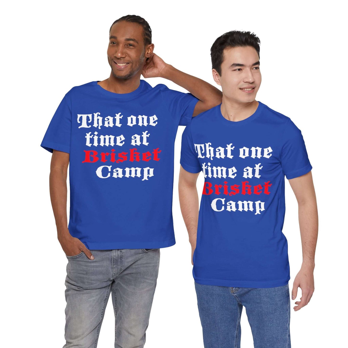 BBQ camp graphic T-shirt in bright blue with red and white front text print.