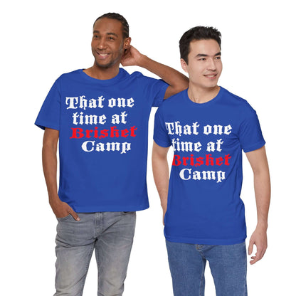BBQ camp graphic T-shirt in bright blue with red and white front text print.