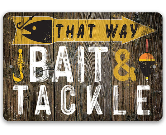 Directional metal sign reading “THAT WAY” and “BAIT & TACKLE” with fish graphic