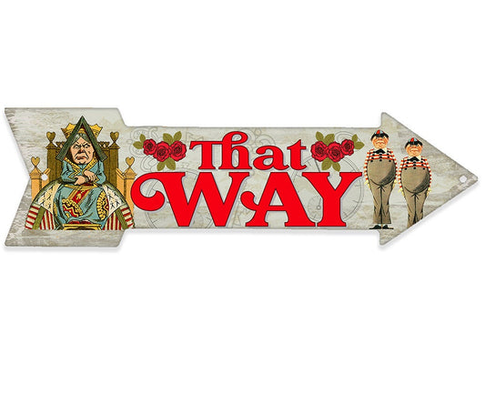 Directional arrow metal sign with “That Way” lettering and cowboy graphic figures.
