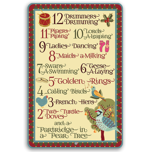 Christmas metal sign with decorative countdown poem and birds, geese, doves, and turtle