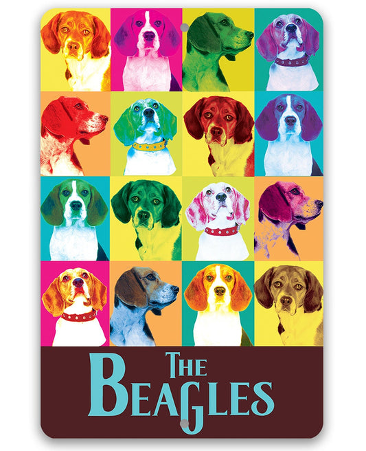 Metal dog-themed sign with a beagle photo collage and title “The Beagles”