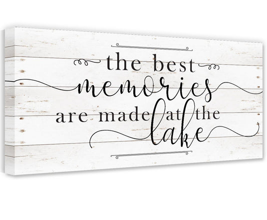 Stretched canvas wall art with cursive quote: “the best memories are made at the lake”