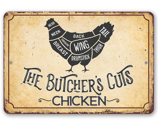Metal chicken cuts sign with vintage beige background and black typography
