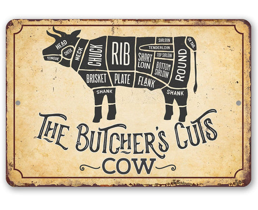 Metal butcher cow sign with vintage beige background and cut chart diagram