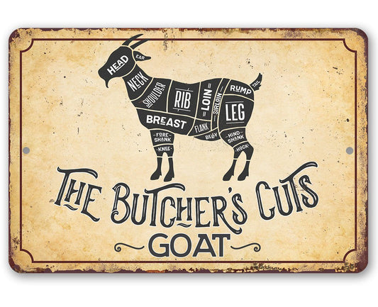 Rectangular metal sign with goat body-cut chart graphic and 'The Butcher's Cuts' text