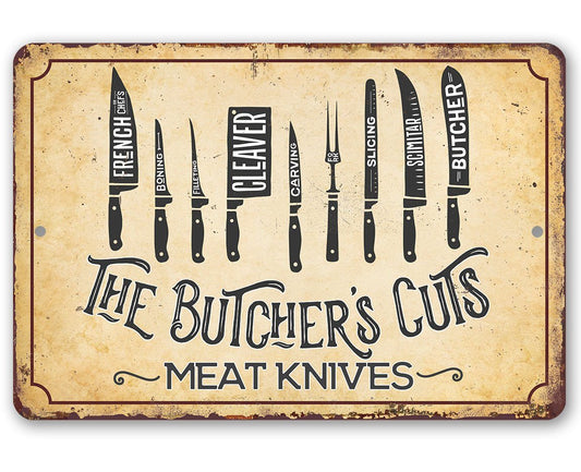 Metal butcher-themed knives sign with vintage beige background and dark lettering
