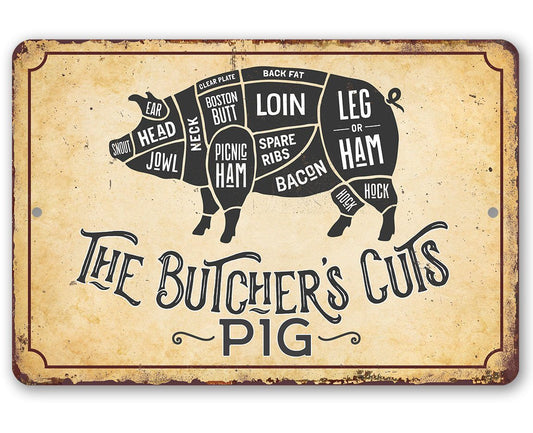 Butcher cuts pig metal sign with vintage chart and header lettering