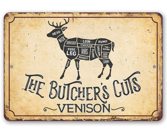 Vintage metal sign with butcher diagram and VENISON title