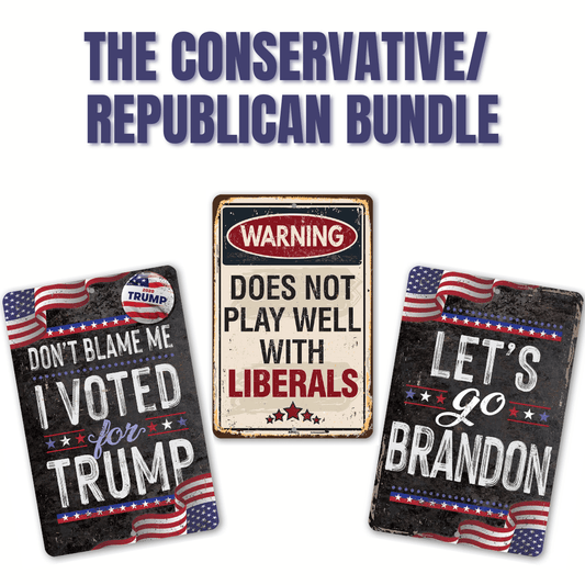 Patriotic yard sign set: 'Don't blame me', 'Let's go Brandon', warning sign.
