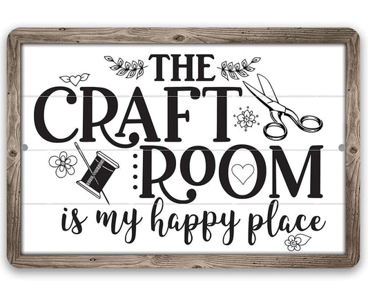Metal craft room wall sign with rustic wood frame, bold black and white typography