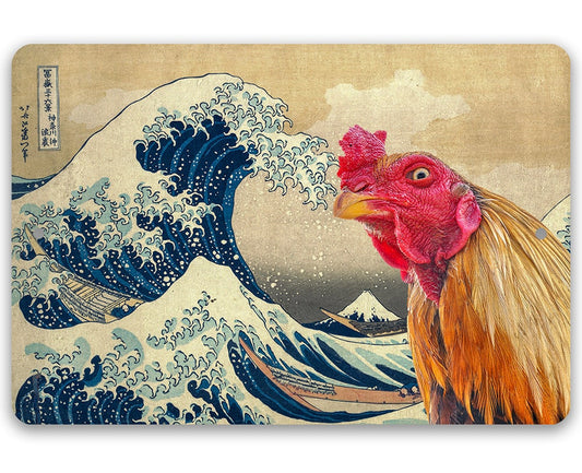 Rooster and wave metal sign with blue ocean and red bird artwork