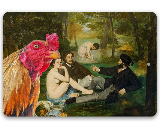Metal sign with painted outdoor picnic scene and colorful rooster head in foreground