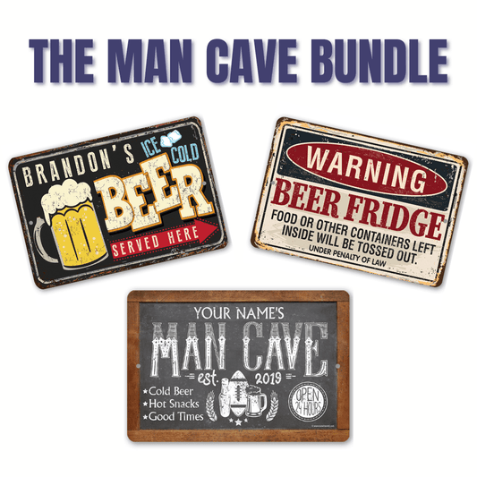 Three personalized metal beer signs: ice beer, warning beer fridge, and man cave panel