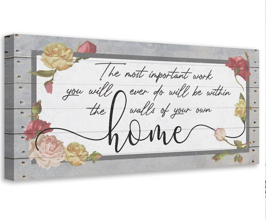 Floral canvas wall art with cursive quote and large “home” lettering