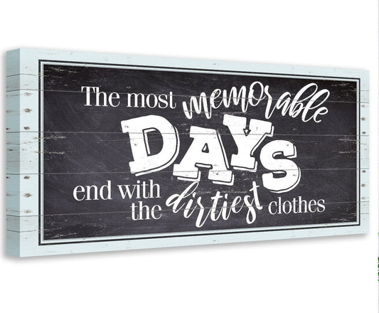 Framed canvas wall art with “The most memorable Days” laundry quote in white and teal