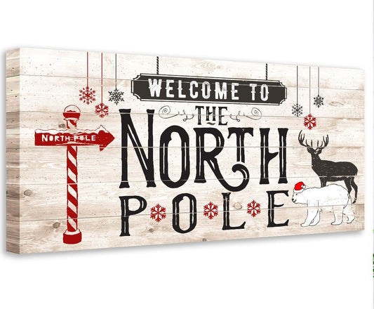 North Pole canvas wall art with “Welcome to the North Pole” text, reindeer and candy cane
