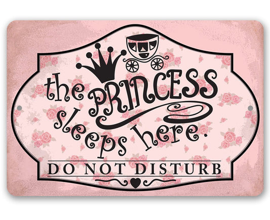 Pink metal princess door sign with crown: “the PRINCESS sleeps here” and “DO NOT DISTURB”.