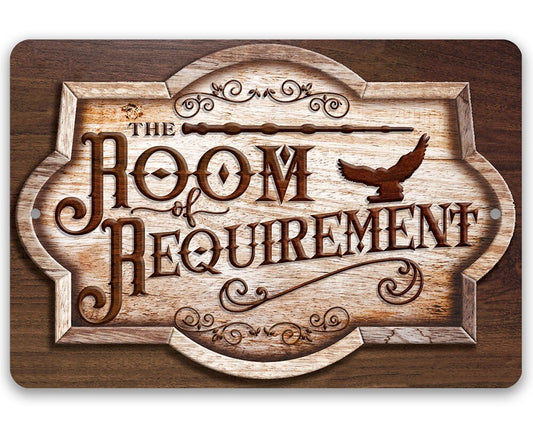 Wood-grain metal sign with 'The Room of Requirement' text and bird silhouette in oval frame