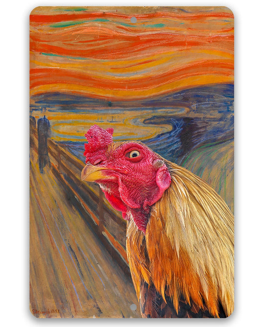 Rooster metal sign with colorful landscape and pink rooster portrait, rounded corners