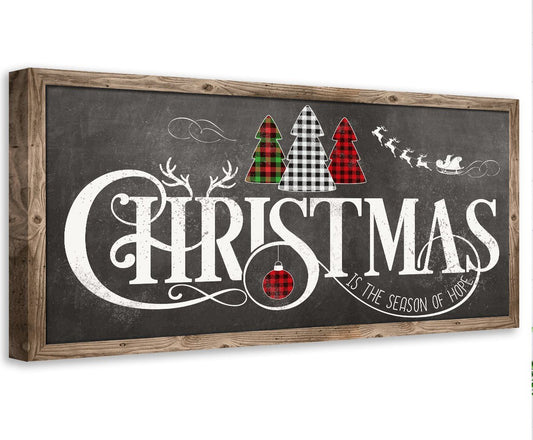 Framed Christmas canvas wall art with rustic wood border and chalkboard-style lettering