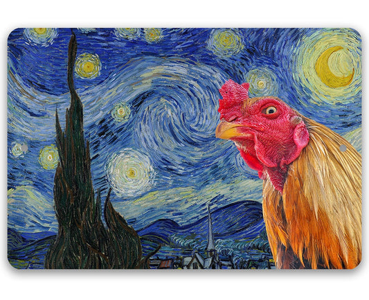 Rectangular metal wall sign with starry-night style blue sky and red rooster