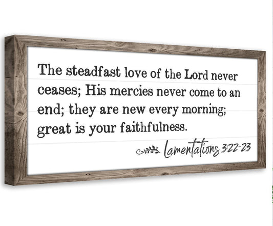 Rustic framed canvas wall art with Lamentations 3:22–23 quote