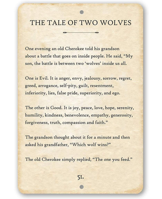 Rectangular metal sign with 'The Tale of Two Wolves' story text on tan card.