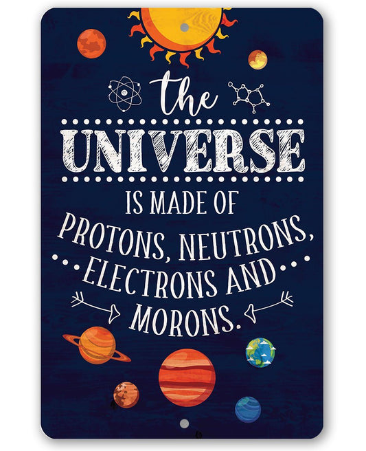 Navy universe metal sign with white text “The UNIVERSE” and planets