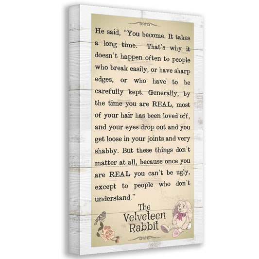 Framed canvas wall art with vintage rabbit illustration and quote text on cream background